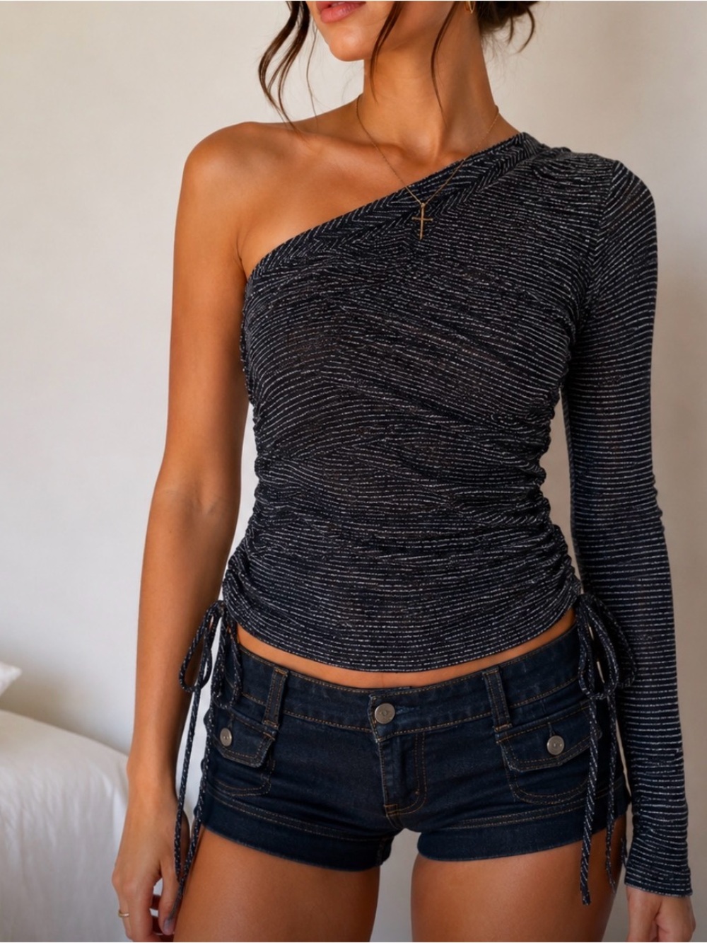 Olivia Rae One-Shoulder Ruched Sparkle Top in Black